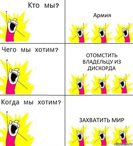 Армия Отомстить владельцу из дискорда Захватить мир, Комикс Что мы хотим