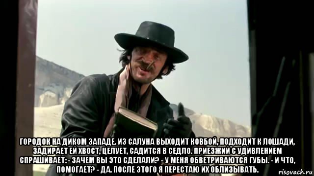  городок на диком западе. из салуна выходит ковбой, подходит к лошади, задирает ей хвост, целует, садится в седло. приезжий с удивлением спрашивает: - зачем вы это сделали? - у меня обветриваются губы. - и что, помогает? - да. после этого я перестаю их облизывать., Мем Кино