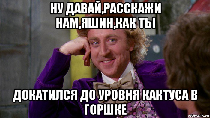 ну давай,расскажи нам,яшин,как ты докатился до уровня кактуса в горшке, Мем Ну давай расскажи (Вилли Вонка)