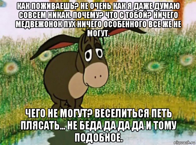 как поживаешь? не очень как я даже думаю совсем никак. почему? что с тобой? ничего медвежонок пух ничего особенного все же не могут. чего не могут? веселиться петь плясать... не беда да да да и тому подобное., Мем Ослик ИА