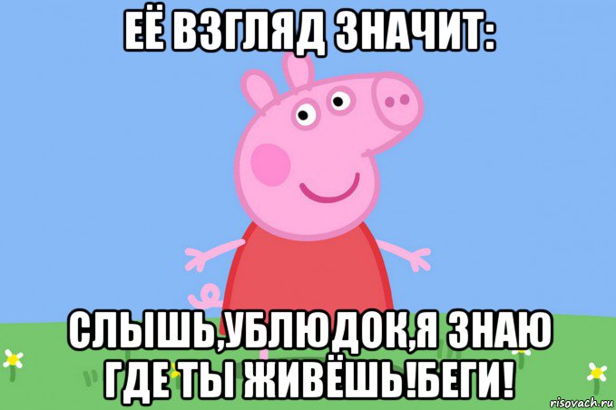 её взгляд значит: слышь,ублюдок,я знаю где ты живёшь!беги!, Мем Пеппа