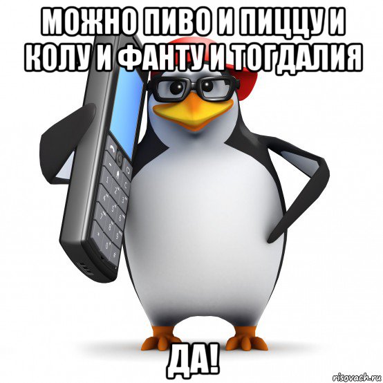 можно пиво и пиццу и колу и фанту и тогдалия да!, Мем   Пингвин звонит