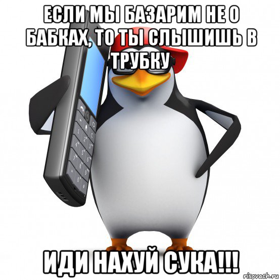 если мы базарим не о бабках, то ты слышишь в трубку иди нахуй сука!!!, Мем   Пингвин звонит