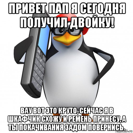 привет пап я сегодня получил двойку! вау вот это круто, сейчас я в шкафчик схожу и ремень принесу, а ты покачивания задом повернись., Мем   Пингвин звонит