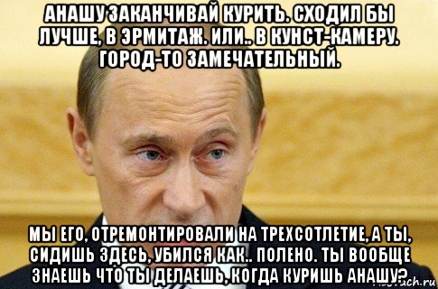 анашу заканчивай курить. сходил бы лучше, в эрмитаж. или.. в кунст-камеру. город-то замечательный. мы его, отремонтировали на трехсотлетие, а ты, сидишь здесь, убился как.. полено. ты вообще знаешь что ты делаешь, когда куришь анашу?, Мем путин