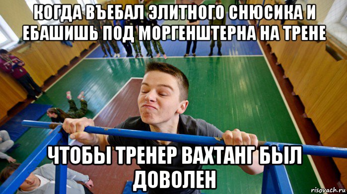 когда въебал элитного снюсика и ебашишь под моргенштерна на трене чтобы тренер вахтанг был доволен, Мем Школа