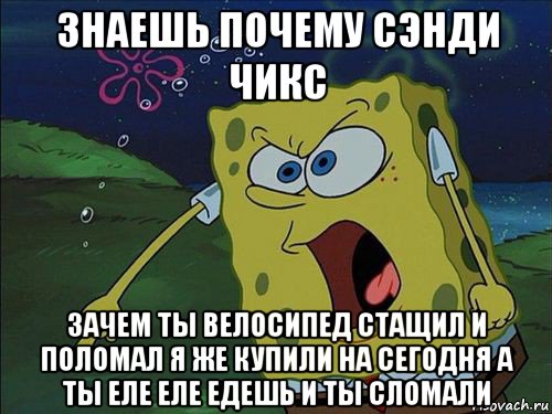 знаешь почему сэнди чикс зачем ты велосипед стащил и поломал я же купили на сегодня а ты еле еле едешь и ты сломали, Мем Спанч боб