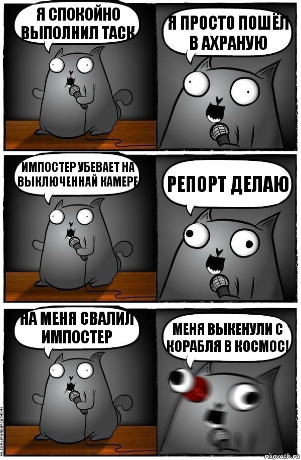 Я спокойно выполнил таск Я просто пошёл в ахраную Импостер убевает на выключеннай камере Репорт делаю На меня свалил импостер Меня выкенули с корабля в космос!