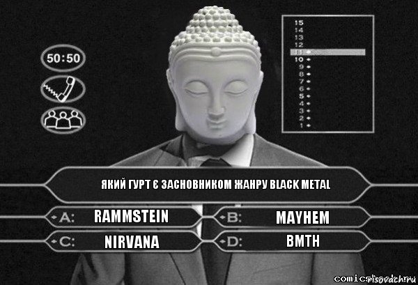 Який гурт є засновником жанру Black Metal Rammstein Mayhem Nirvana BMTH, Комикс  Выбор