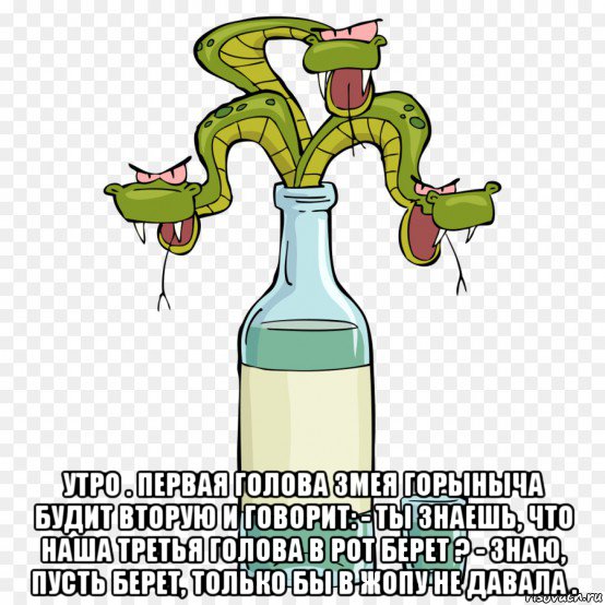  утро . первая голова змея горыныча будит вторую и говорит: - ты знаешь, что наша третья голова в рот берет ? - знаю, пусть берет, только бы в жопу не давала ., Мем Змей Горыныч подколодный