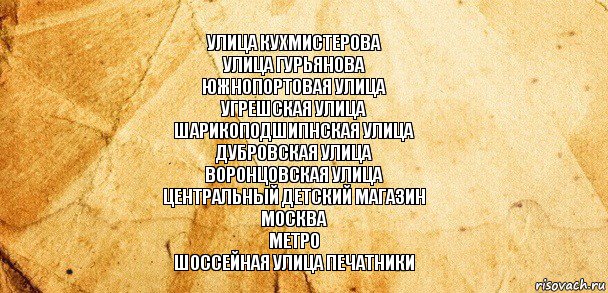 улица кухмистерова
улица гурьянова
южнопортовая улица
угрешская улица
шарикоподшипнская улица
дубровская улица
воронцовская улица
центральный детский магазин
москва
метро
шоссейная улица печатники, Комикс Старая бумага