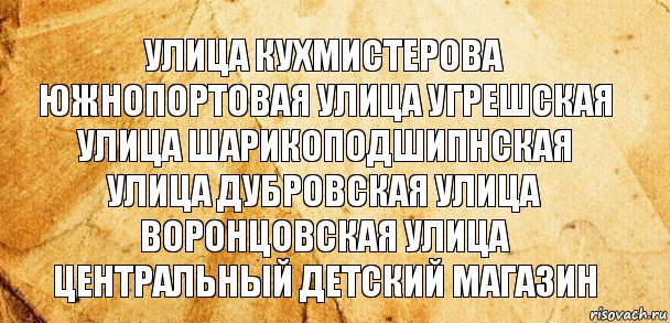 улица кухмистерова южнопортовая улица угрешская улица шарикоподшипнская улица дубровская улица воронцовская улица
центральный детский магазин, Комикс Старая бумага