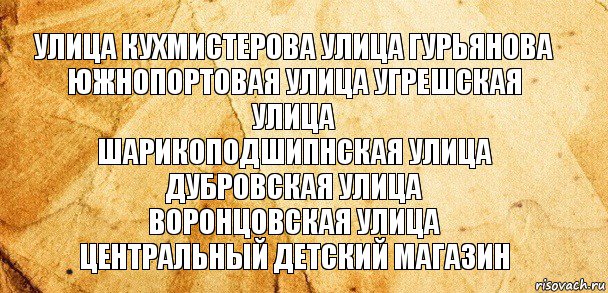 улица кухмистерова улица гурьянова
южнопортовая улица угрешская улица
шарикоподшипнская улица дубровская улица
воронцовская улица
центральный детский магазин