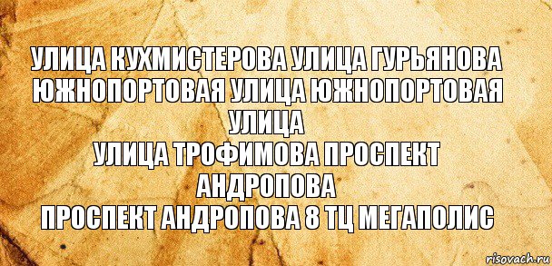 улица кухмистерова улица гурьянова
южнопортовая улица южнопортовая улица
улица трофимова проспект андропова
проспект андропова 8 тц мегаполис, Комикс Старая бумага