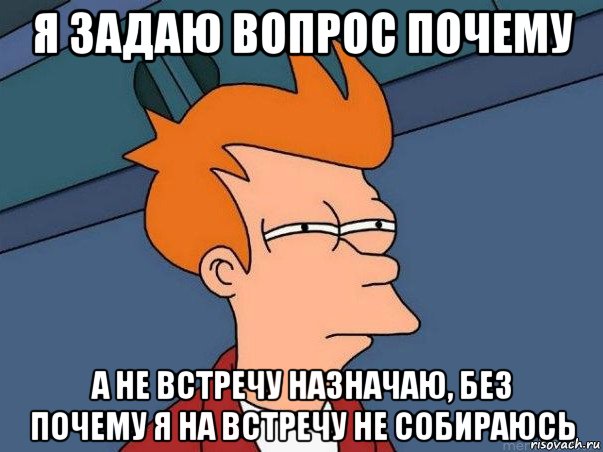 я задаю вопрос почему а не встречу назначаю, без почему я на встречу не собираюсь, Мем  Фрай (мне кажется или)