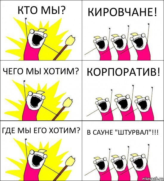 КТО МЫ? КИРОВЧАНЕ! ЧЕГО МЫ ХОТИМ? КОРПОРАТИВ! ГДЕ МЫ ЕГО ХОТИМ? В САУНЕ "ШТУРВАЛ"!!!, Комикс кто мы