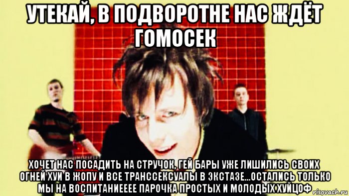 утекай, в подворотне нас ждёт гомосек хочет нас посадить на стручок, гей бары уже лишились своих огней хуи в жопу и все транссексуалы в экстазе...остались только мы на воспитаниееее парочка простых и молодых хуйцоф, Мем Мумий Тролль