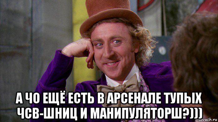  а чо ещё есть в арсенале тупых чсв-шниц и манипуляторш?))), Мем Ну давай расскажи (Вилли Вонка)