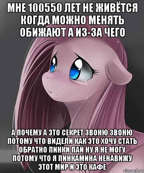 мне 100550 лет не живётся когда можно менять обижают а из-за чего а почему а это секрет звоню звоню потому что видели как это хочу стать обратно пинки пай ну я не могу потому что я пинкамина ненавижу этот мир и это кафе