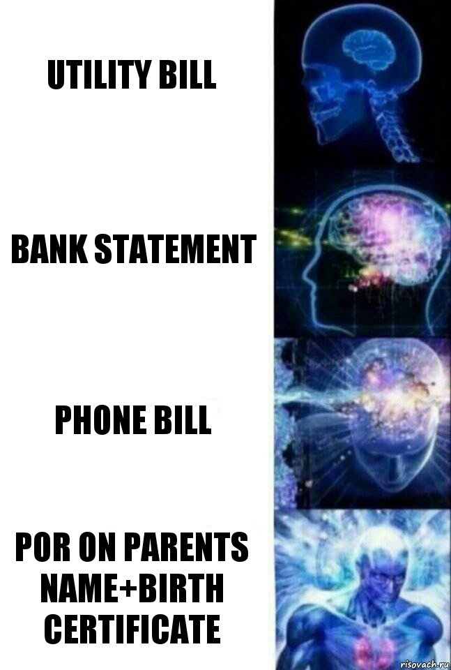 Utility bill Bank statement Phone bill Por on parents name+birth certificate, Комикс  Сверхразум