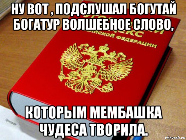 ну вот , подслушал богутай богатур волшебное слово, которым мембашка чудеса творила., Мем Уголовный кодекс РФ
