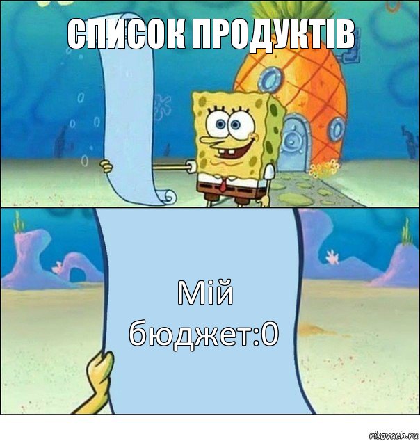 Список продуктів Мій бюджет:0, Комикс Список Спанч Боба