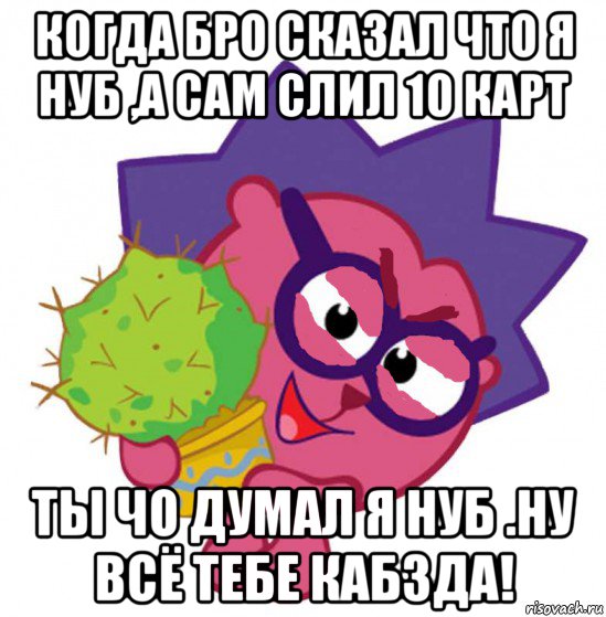 когда бро сказал что я нуб ,а cам слил 10 карт ты чо думал я нуб .ну всё тебе кабзда!, Мем Ёжик из смешариков