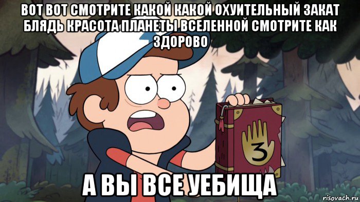 вот вот смотрите какой какой охуительный закат блядь красота планеты вселенной смотрите как здорово а вы все уебища