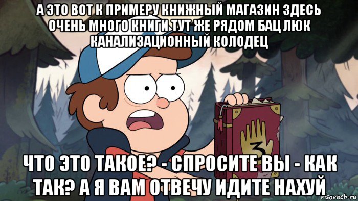 а это вот к примеру книжный магазин здесь очень много книги тут же рядом бац люк канализационный колодец что это такое? - спросите вы - как так? а я вам отвечу идите нахуй