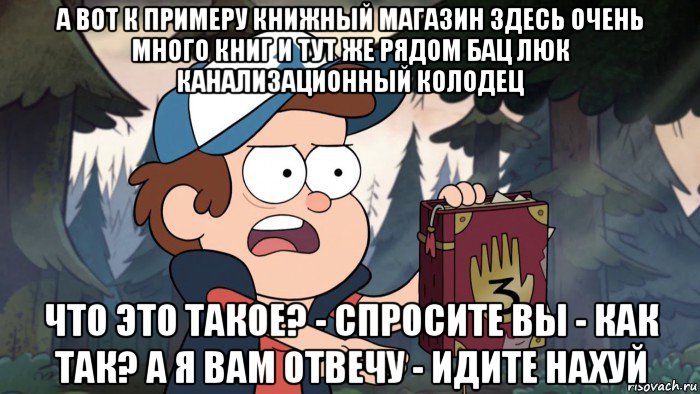 а вот к примеру книжный магазин здесь очень много книг и тут же рядом бац люк канализационный колодец что это такое? - спросите вы - как так? а я вам отвечу - идите нахуй