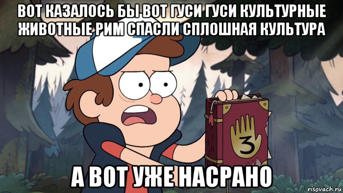 вот казалось бы вот гуси гуси культурные животные рим спасли сплошная культура а вот уже насрано