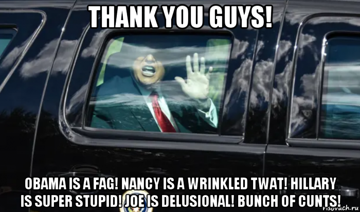 thank you guys! obama is a fag! nancy is a wrinkled twat! hillary is super stupid! joe is delusional! bunch of cunts!, Мем Donald Trump