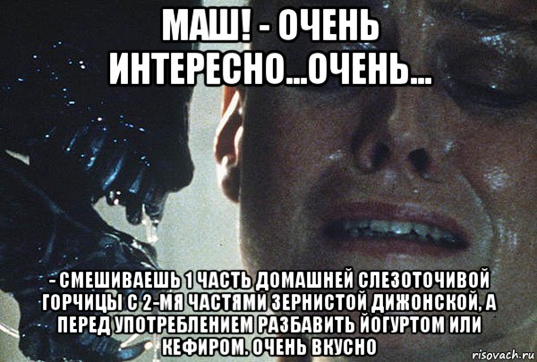 маш! - очень интересно...очень... - смешиваешь 1 часть домашней слезоточивой горчицы с 2-мя частями зернистой дижонской, а перед употреблением разбавить йогуртом или кефиром. очень вкусно, Мем Маша - чё