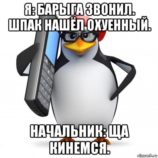 я: барыга звонил. шпак нашëл охуенный. начальник: ща кинемся., Мем   Пингвин звонит