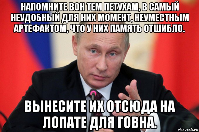 напомните вон тем петухам, в самый неудобный для них момент, неуместным артефактом, что у них память отшибло. вынесите их отсюда на лопате для говна., Мем Путин идите туда