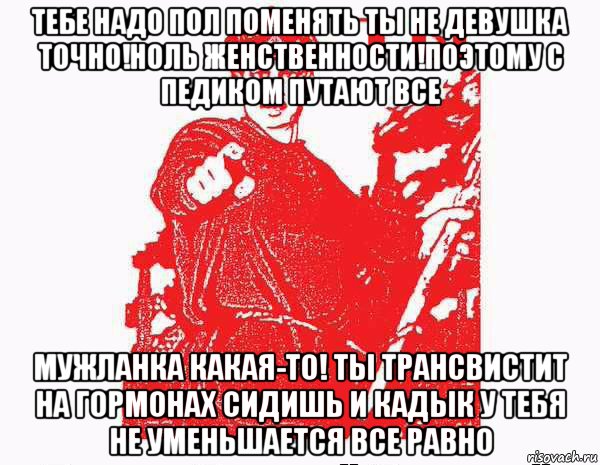 тебе надо пол поменять ты не девушка точно!ноль женственности!поэтому с педиком путают все мужланка какая-то! ты трансвистит на гормонах сидишь и кадык у тебя не уменьшается все равно, Мем Тыкрасноармеец с плаката
