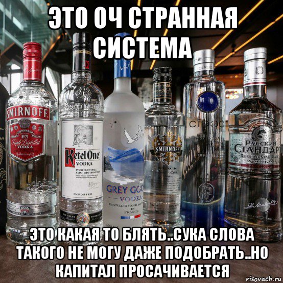 это оч странная система это какая то блять..сука слова такого не могу даже подобрать..но капитал просачивается, Мем Водочный бизнес