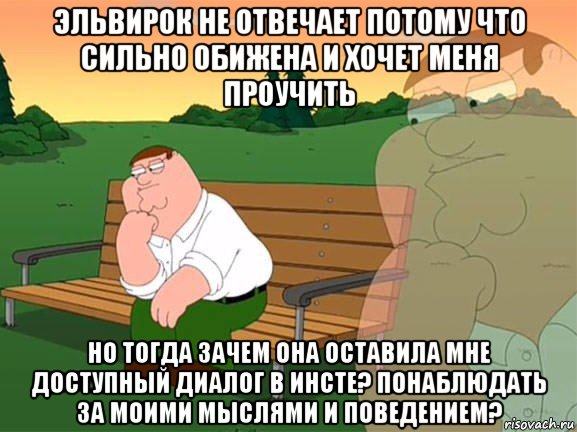 эльвирок не отвечает потому что сильно обижена и хочет меня проучить но тогда зачем она оставила мне доступный диалог в инсте? понаблюдать за моими мыслями и поведением?, Мем Задумчивый Гриффин