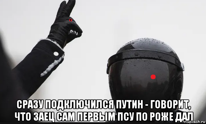  сразу подключился путин - говорит, что заец сам первым псу по роже дал, Мем Зайчик