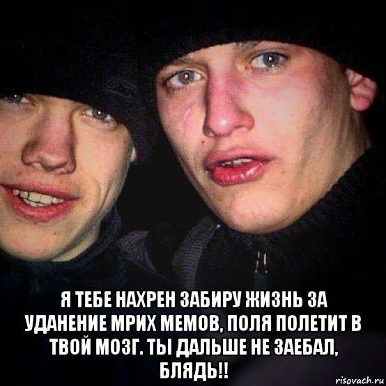  я тебе нахрен забиру жизнь за уданение мрих мемов, поля полетит в твой мозг. ты дальше не заебал, блядь!!, Мем Алеша