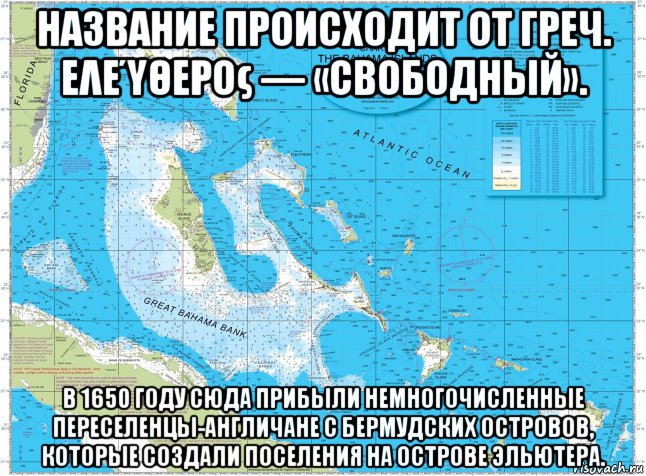 название происходит от греч. ελεύθερος — «свободный». в 1650 году сюда прибыли немногочисленные переселенцы-англичане с бермудских островов, которые создали поселения на острове эльютера., Мем Bahama Archipelago