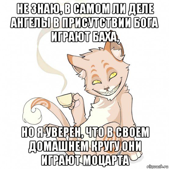 не знаю, в самом ли деле ангелы в присутствии бога играют баха, но я уверен, что в своем домашнем кругу они играют моцарта, Мем Чаепитие