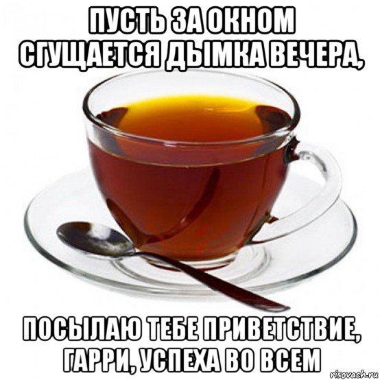 пусть за окном сгущается дымка вечера, посылаю тебе приветствие, гарри, успеха во всем, Мем Чашка чая