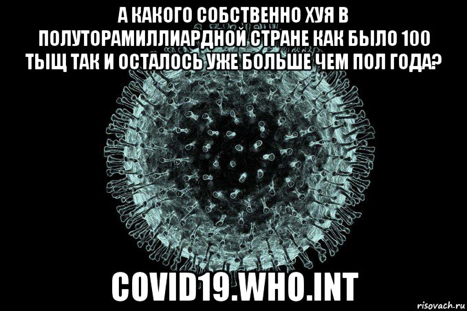 а какого собственно хуя в полуторамиллиардной стране как было 100 тыщ так и осталось уже больше чем пол года? covid19.who.int