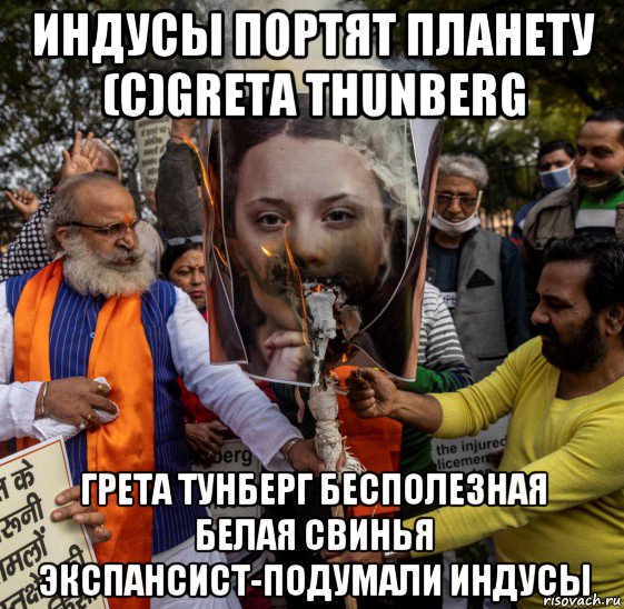 индусы портят планету (с)greta thunberg грета тунберг бесполезная белая свинья экспансист-подумали индусы, Мем Greta Thunberg - Rihanna - плакат сожгли