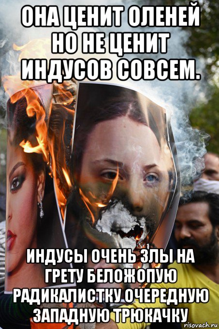 она ценит оленей но не ценит индусов совсем. индусы очень злы на грету беложопую радикалистку очередную западную трюкачку, Мем Greta Thunberg - Rihanna - плакат сожгли