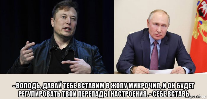  - володь, давай тебе вставим в жопу микрочип, и он будет регулировать твои перепады настроения. - себе вставь, Мем Илон Маск