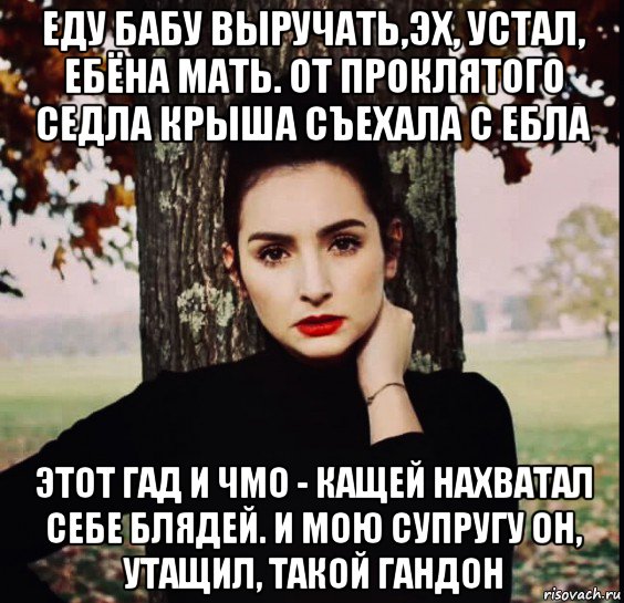 еду бабу выручать,эх, устал, ебёна мать. от проклятого седла крыша съехала с ебла этот гад и чмо - кащей нахватал себе блядей. и мою супругу он, утащил, такой гандон, Мем Italia