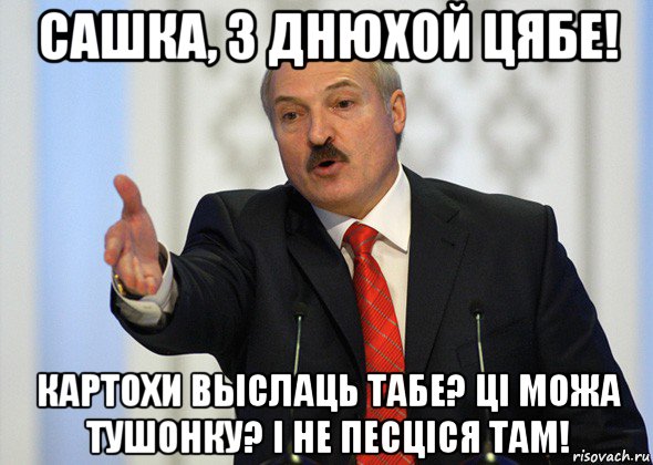 сашка, з днюхой цябе! картохи выслаць табе? ці можа тушонку? і не песціся там!, Мем лукашенко