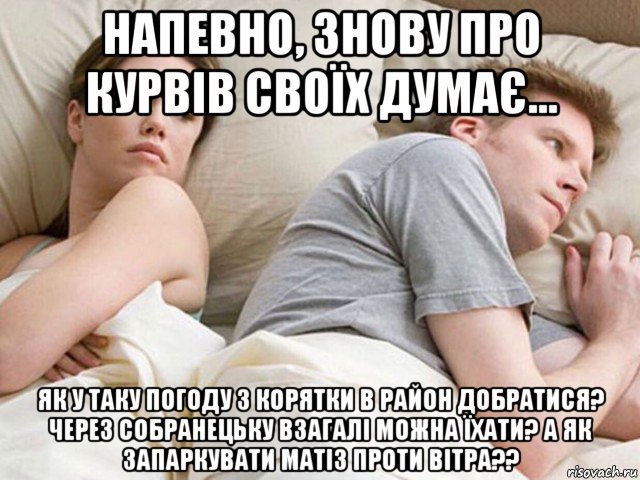 напевно, знову про курвів своїх думає... як у таку погоду з корятки в район добратися? через собранецьку взагалі можна їхати? а як запаркувати матіз проти вітра??, Мем Наверное опять о бабах думает